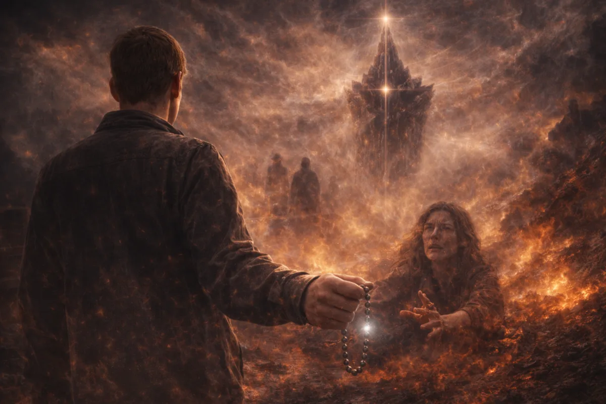 The Awakening image showing a boy holding a rosary toward his mother in a firelit hidden field.